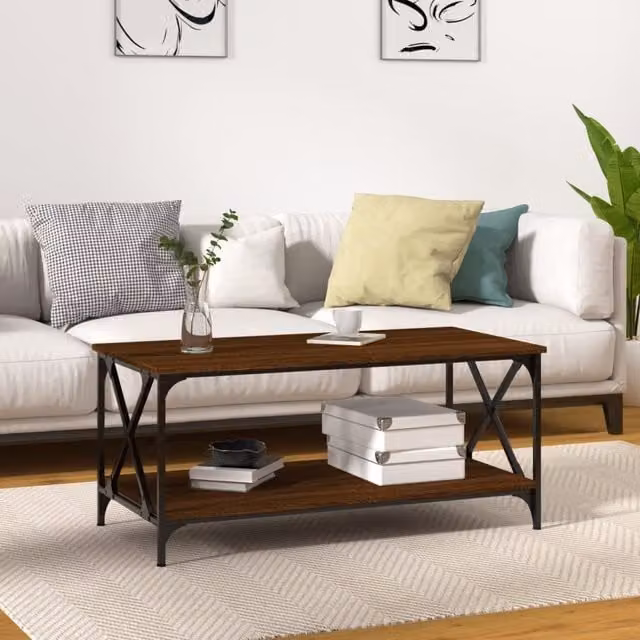 Berkfield Home Brown Oak Coffee Table with Iron X-Frame, W/D/H: 100 x 50 x 45 cm
