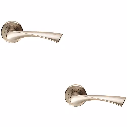 Loops Pair of Angular Twisted Handle on Round Rose Internal Door Lever in Satin Nickel with Concealed Fixings