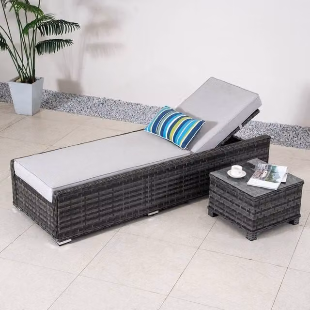 Direct Wicker 2 Pack Grey Adjustable Sun Loungers with Side Table and Weatherproof Cushions – 1
