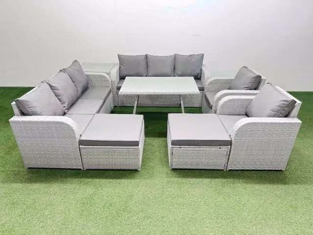 Fimous Rattan High Back Lounge Sofa Set with Reclining Chairs and Ottoman in Light Grey