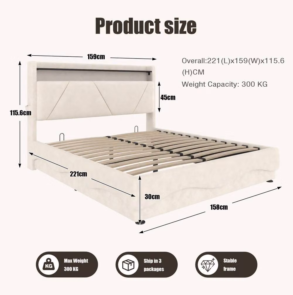 STILVORA Beige Velvet Upholstered King Size Bed with Lift-Up Storage, LED Lighting, USB Charging Port and Integrated Reading Light, W/D/H: 150 x 200 cm – 4