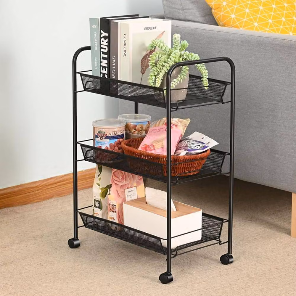 MantraRaj 3-Tier Metal Rolling Storage Trolley in Black, W/D/H: 45 x 27 x 64 cm – 5