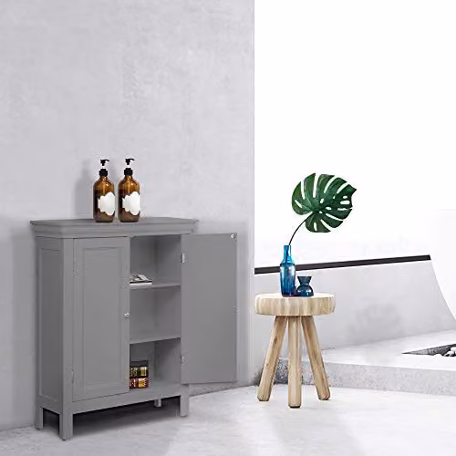 Teamson Home Grey Wooden Freestanding Bathroom Floor Cabinet with 2 Internal Shelves and Hinged Doors W/D/H: 38.1 x 25.4 x 86.4 cm – 2