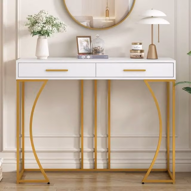 BTM Console Table with 2 Drawers for Hallway or Living Room, White and Gold, W: 85.0 cm, D: 32.0 cm, H: 13.9 cm