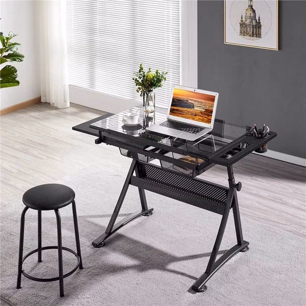 KORVIXA Black Drafting Table and Computer Office Desk with Height Adjustable Tilting Top, Width: 100 cm – 4