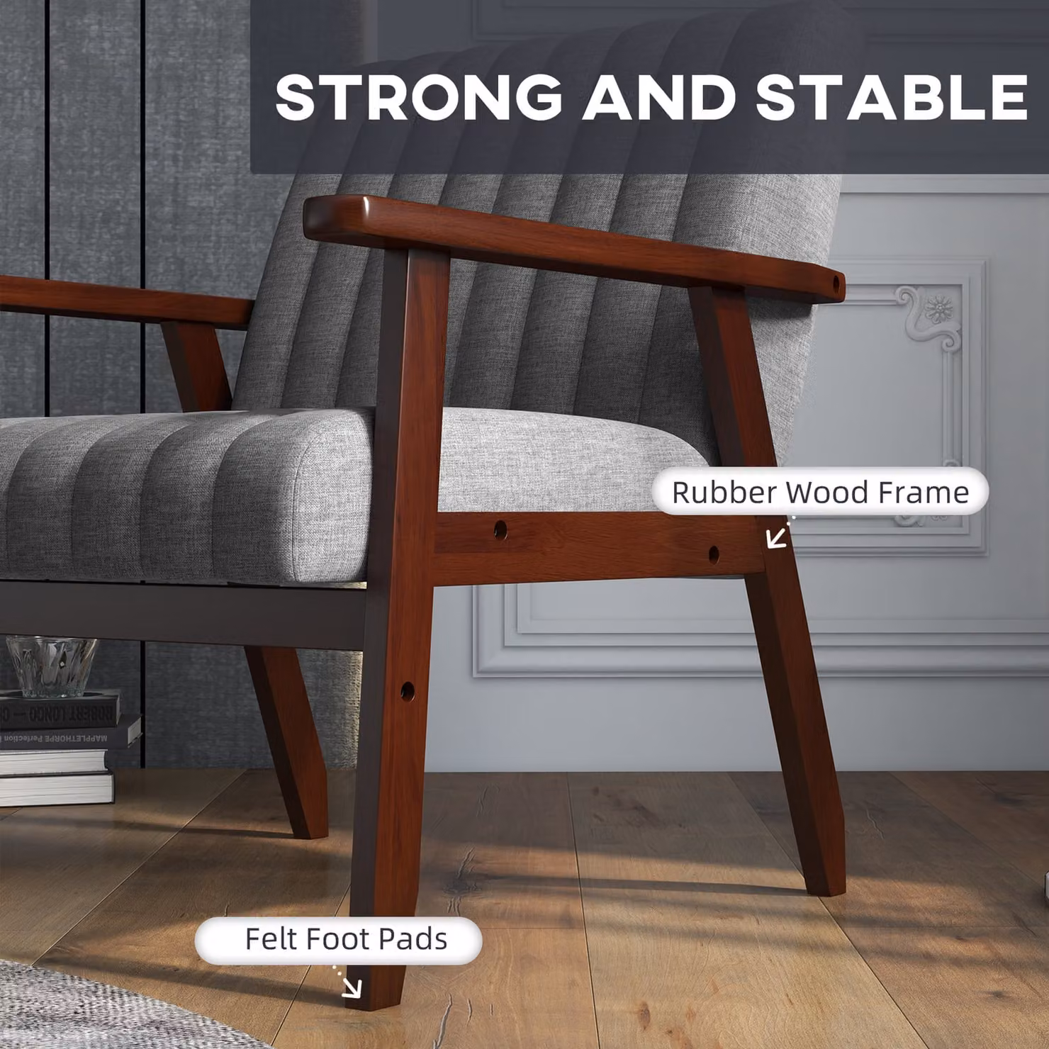 HOMCOM Modern Grey Fabric Accent Armchair with Tufted Pattern and Rubberwood Legs – 6