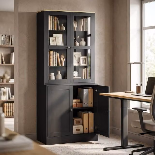 HOMCOM Modern Black Display Cabinet with Glass Doors and Internal Shelves