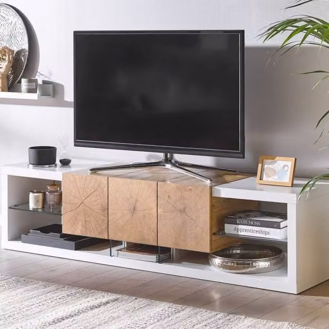 Wyld and Coco Home Modern TV Stand in White and Light Wood MDF with Tempered Glass, Width: 160 cm
