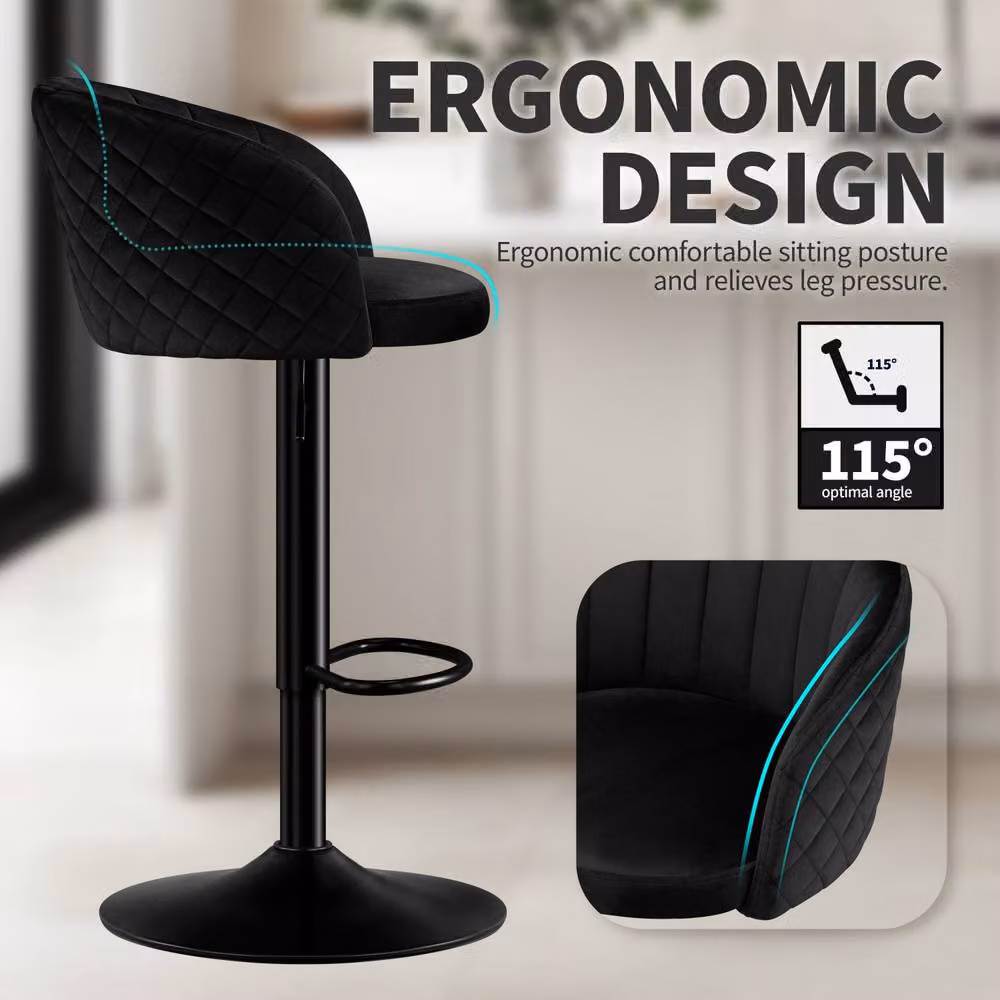 STOOLINK Set of 2 Modern Black Velvet Swivel Bar Stools with Arms and Backs – 3