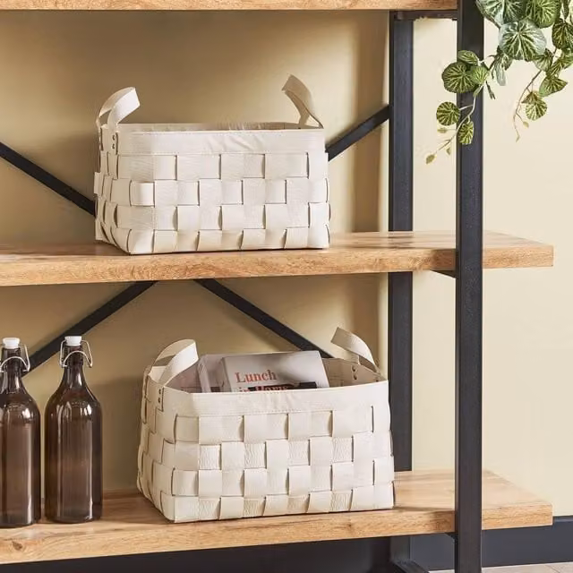 Wyld and Coco Set of 2 Beige Faux Leather Storage Baskets with Handles – 1