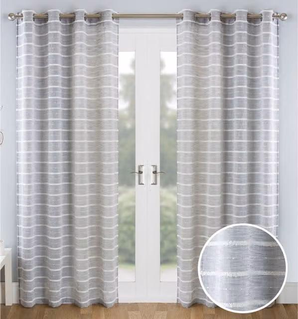 Tyrone Textiles Pair of Grey Sheer Linen-Look Voile Eyelet Panels with Chenille Stripe Design, Height: 183 cm