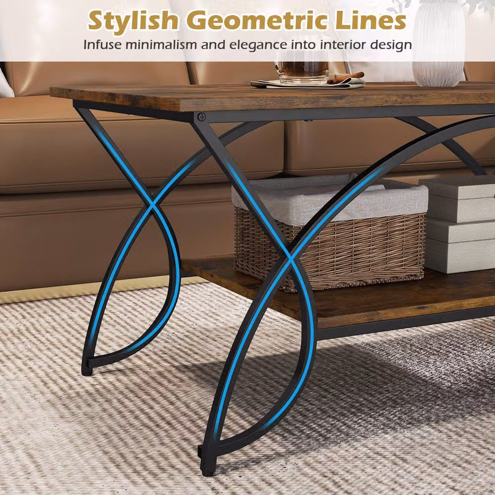 Costway Modern 2-Tier Faux Marble Coffee Table with Shelf in Brown – 4