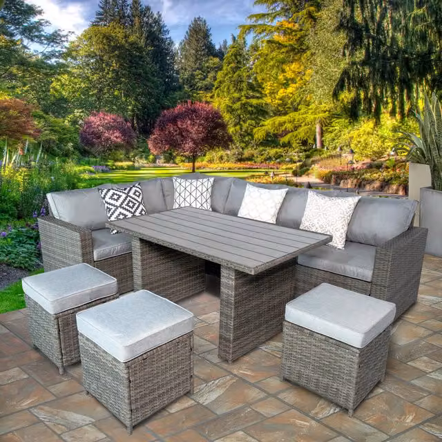 Venice Modern Grey Rattan 6 Seater Corner Garden Set with Glass Top High Table