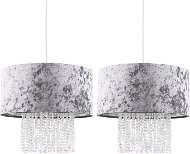 Boland Pair of Silver and Grey Modern Cylinder Ceiling Pendant Lights with Fabric and Plastic Shades