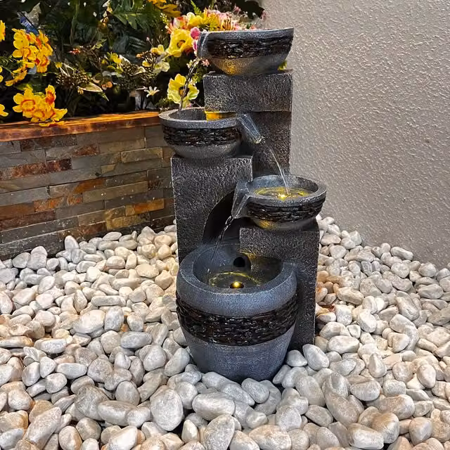 Tranquility Modern Solar Water Feature with 4 Pebble Bowls in Grey