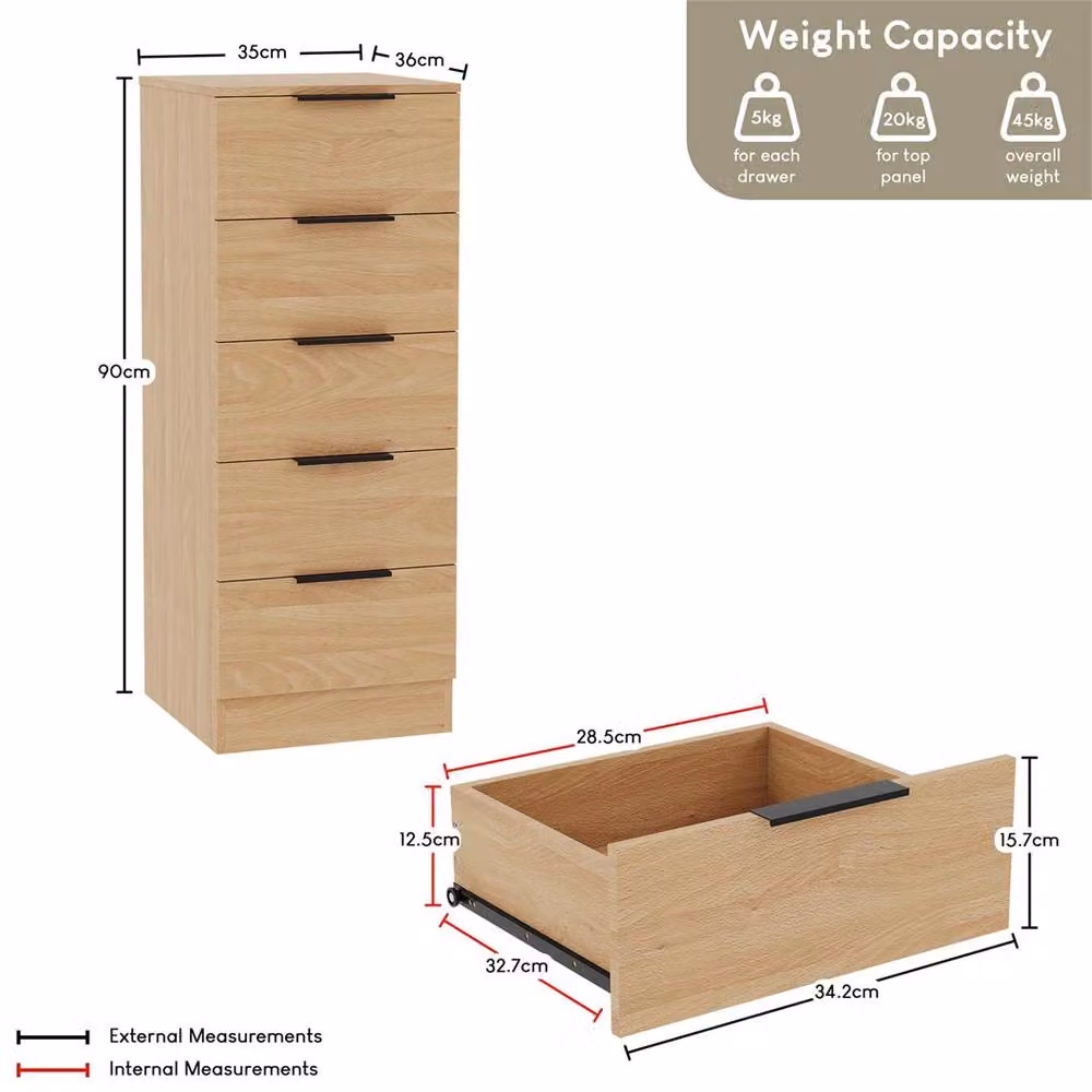 Kelvenix Modern Pine 5 Drawer Narrow Bedroom Chest Cabinet in Brown – 2