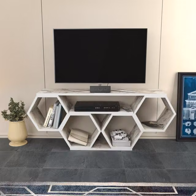 Decorotika Modern White Geometric Honey TV Unit with Media Compartments
