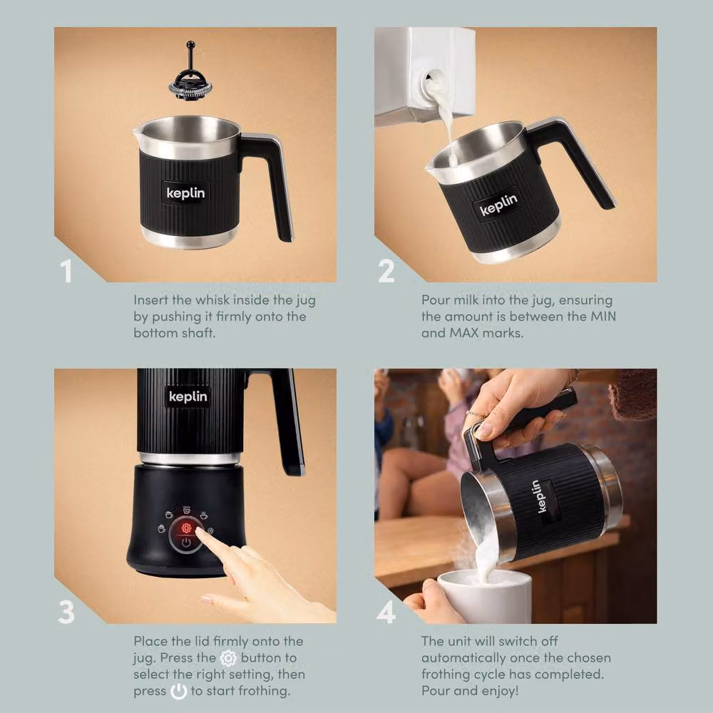 Keplin 5-in-1 Electric Automatic Milk Frother with Stainless Steel Jug, 350ml, Black – 8