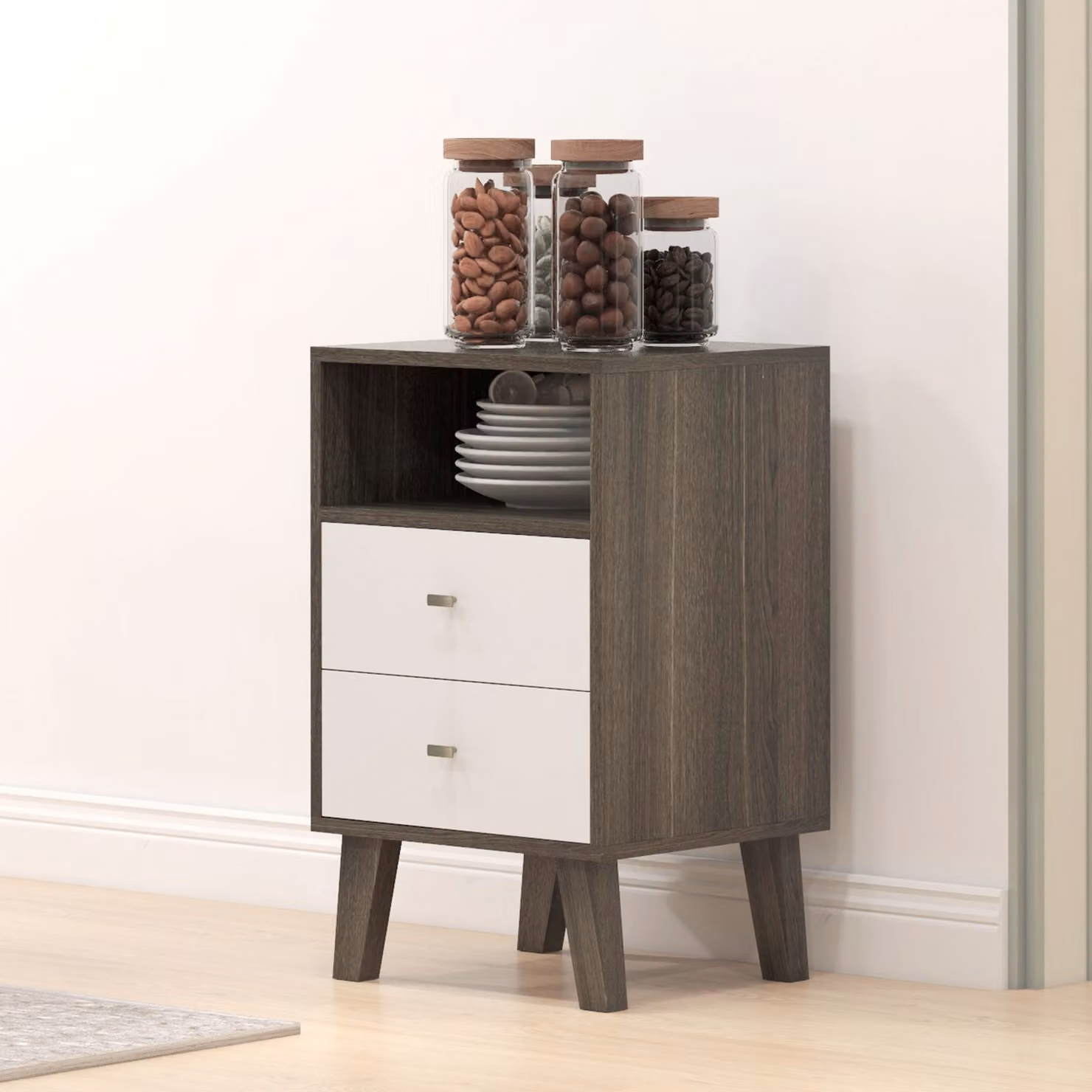 HOMCOM Industrial-Scandinavian Style Bedside Table with Drawers and Shelf in Black and White – 8