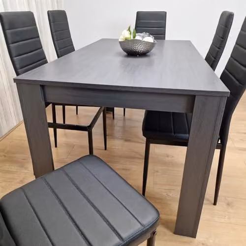 KOSY KOALA Modern Dining Table and 6 Chairs Set, Grey Wood Effect Rectangular Table with Black Chairs, W/D/H: 140 x 80 x 75 cm – 2