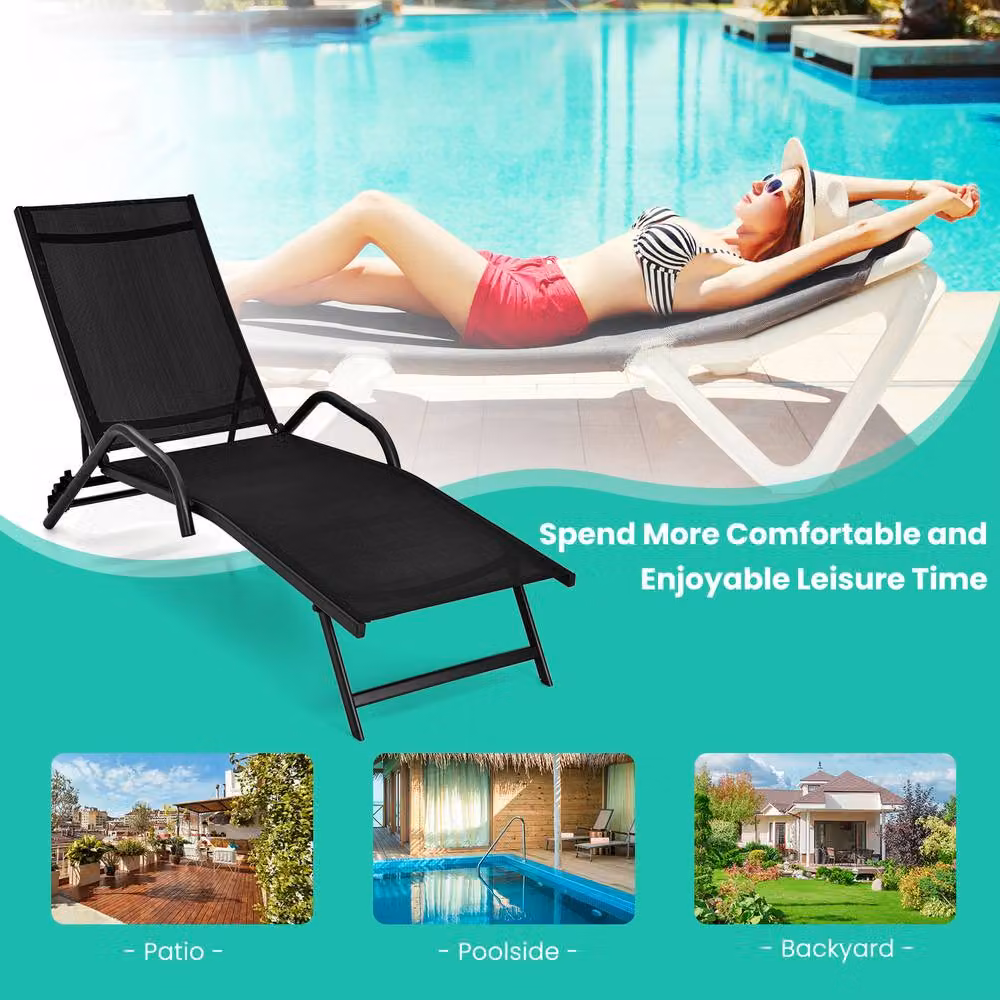 Costway Set of 2 Outdoor Chaise Lounge Chairs with 5-Position Adjustable Recliners in Black – 6