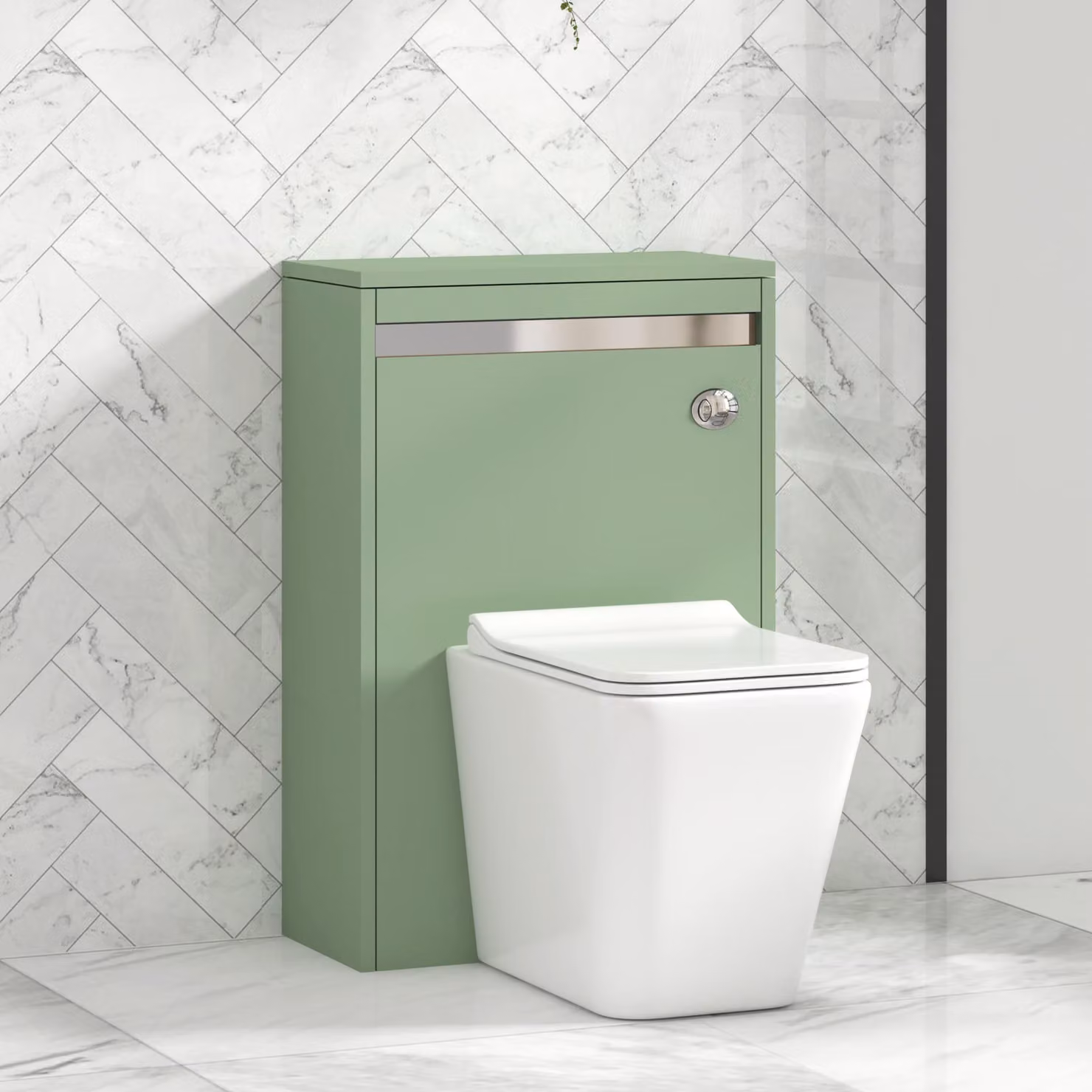 Royal Bathrooms Orion Wall Mounted Mint Sage WC Unit with Elena Rimless Ceramic Toilet Pan, Slim Soft Close Seat and Cistern, Width: 54 cm