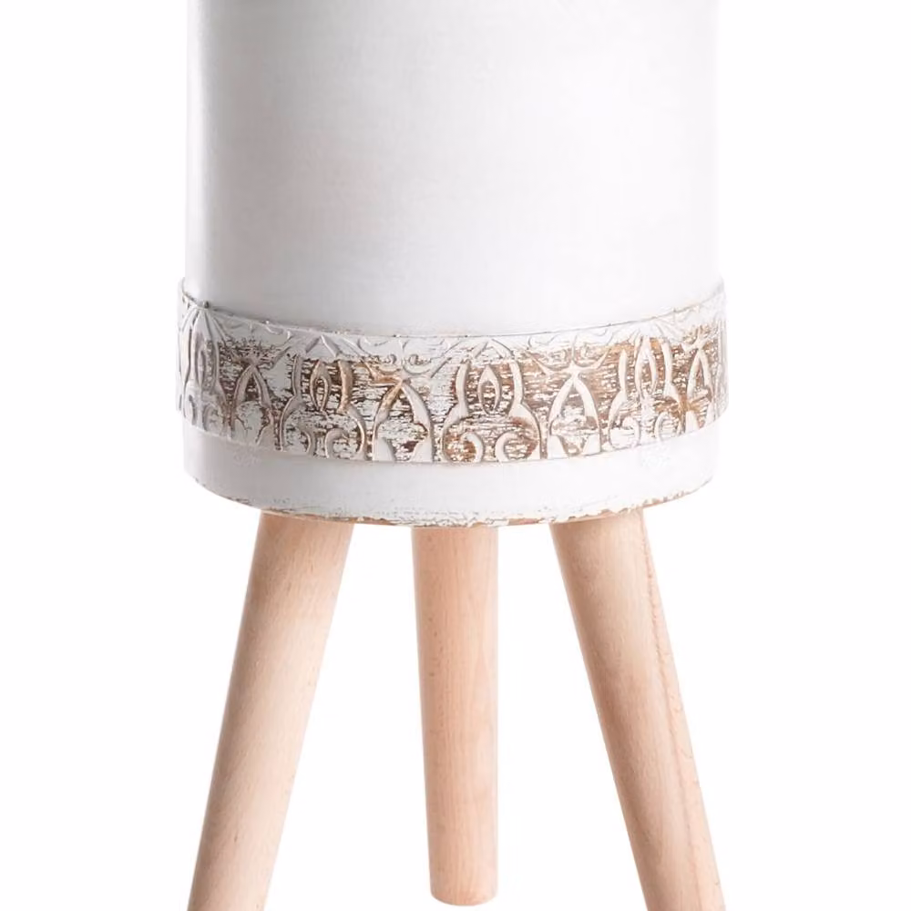 Wyld and Coco White Distressed Ceramic Planter with Beechwood Legs, W/D/H: 43.0 x 22.0 cm – 2