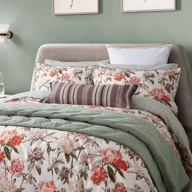 Bedeck of Belfast Elswyth Single Duvet Cover Set, Olive and Mulberry, Reversible Floral Cotton Percale – 1