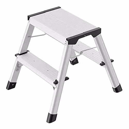 Hailo 4442-701 L90 Silver Aluminium Double-Sided 2-Tread Foldable Step Ladder with Rubber Feet – 1