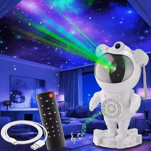 tectake Astronaut Galaxy Projector in White with 4 LED Nebulae Colours, Moon and Star Effects, Bluetooth Connection and Pre-Set Sounds, W/D/H: 23.5 x 12.0 x 11.5 cm – 1