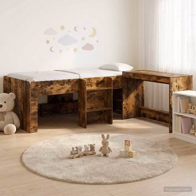 Berkfield Home Kids High Bed Frame with Desk in Smoked Oak Brown Engineered Wood – 1