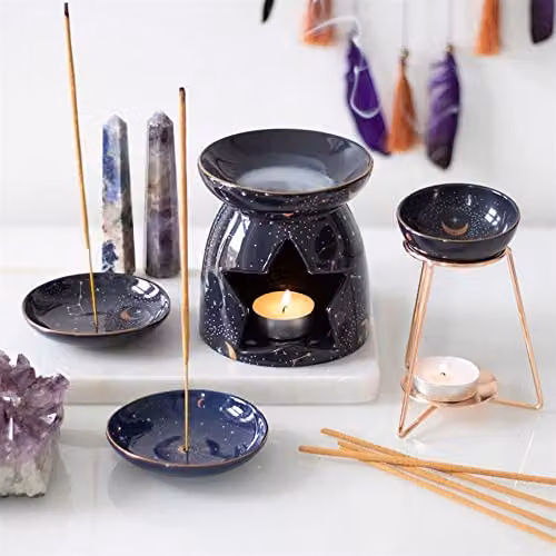 Something Different Purple and Gold Star Sign Ceramic Oil Burner with Metal Base W: 10 cm, D: 10.5 cm, H: 10.5 cm – 3