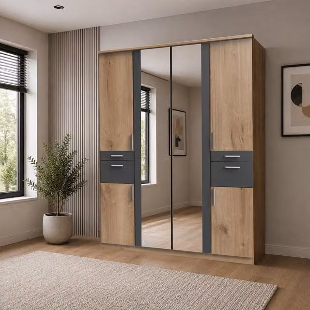 Koblenz 4 Door Wardrobe in Planked Oak and Graphite with Mirror, W: 180 cm