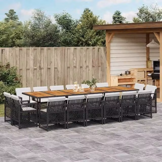 Berkfield Home 17 Piece Black Poly Rattan Garden Dining Set with Acacia Wood Details – 1