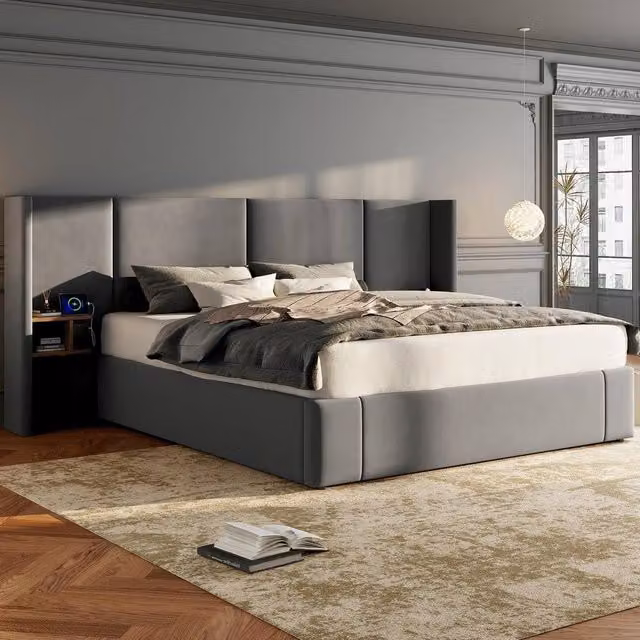 ModernLuxe Upholstered King Ottoman Bed with Wide Headboard and Bedside Tables in Grey