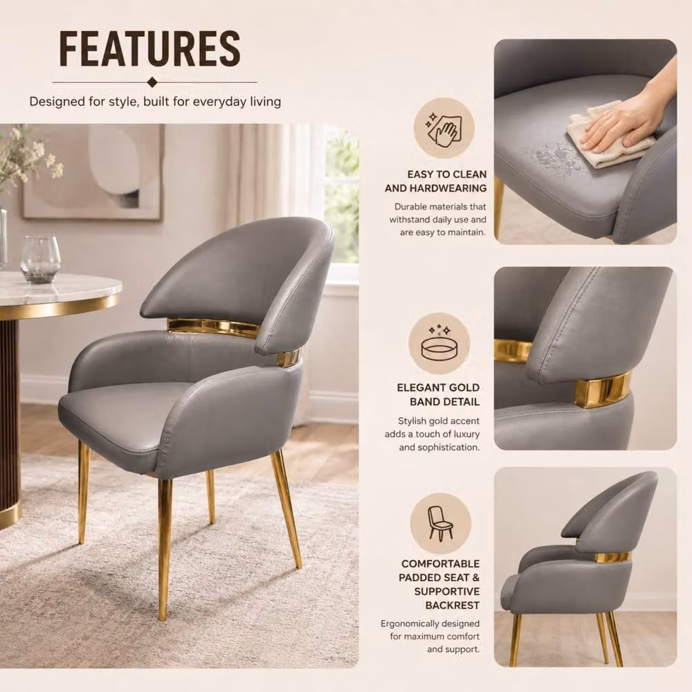 Stratus Interiors Madrid Gold Band PU Leather Dining Chair in Grey – 2
