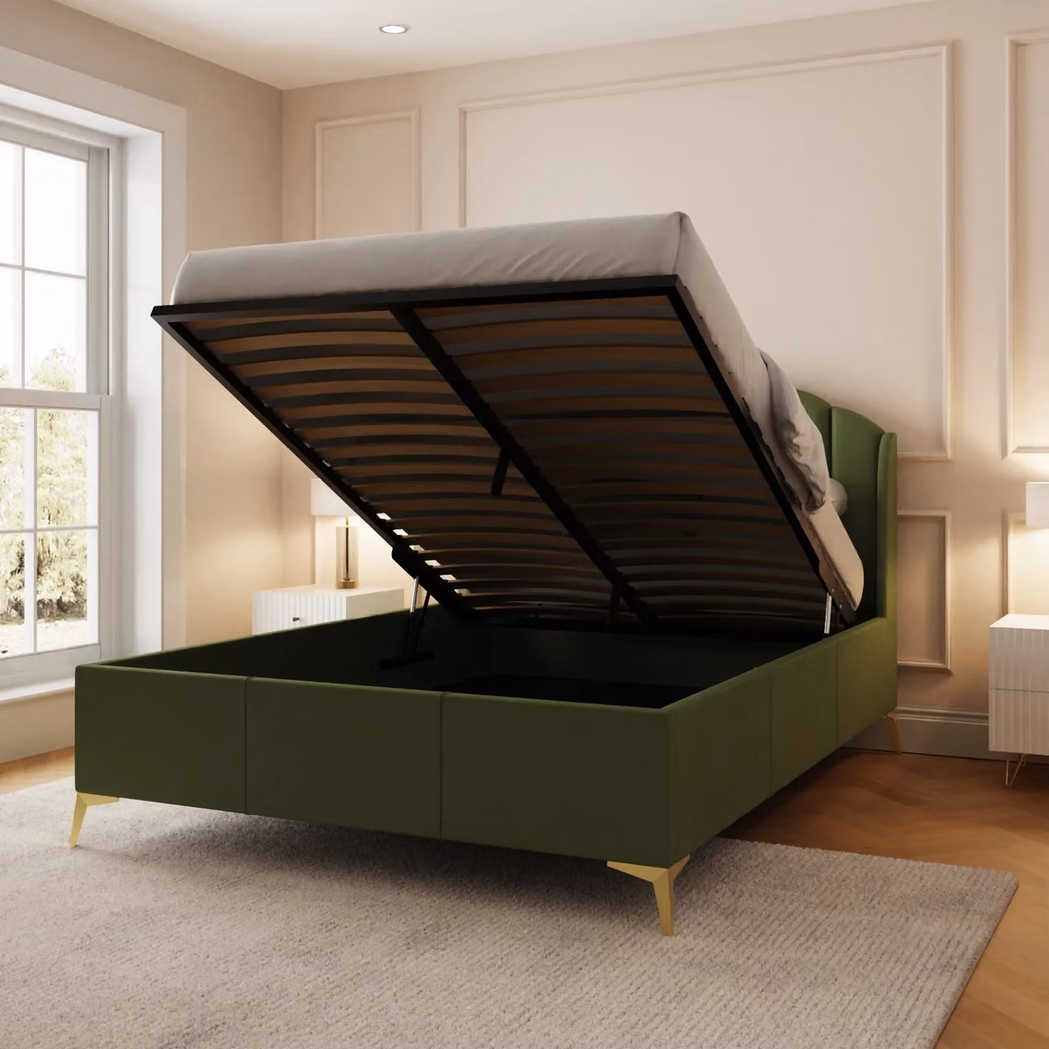 GFW Pettine Green Velvet Upholstered Ottoman Storage Bed Frame, Double 140 x 200 cm – 2