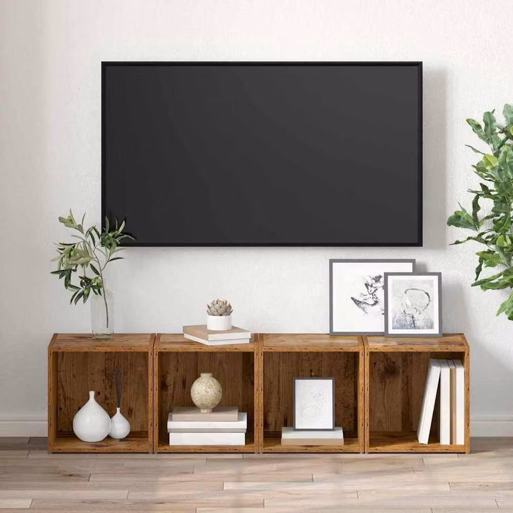 Berkfield Home Set of 4 Rustic Old Wood TV Cabinets, Brown, W/D/H: 37 x 35 x 37 cm – 4