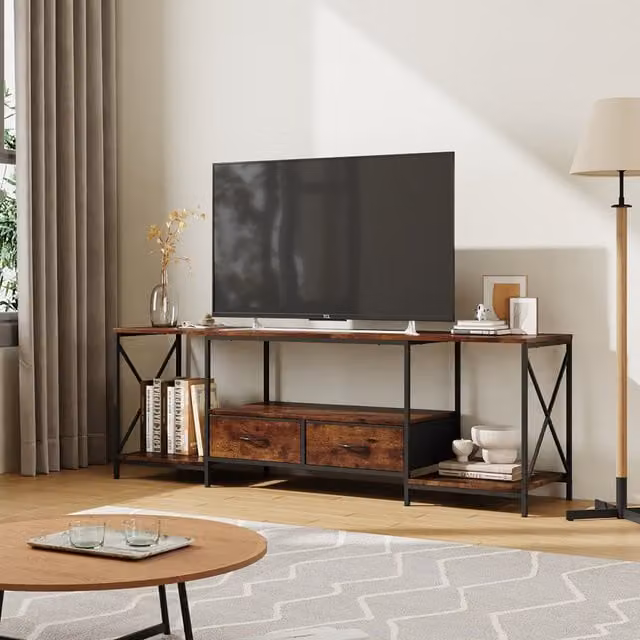 Livingandhome Modern Brown TV Cabinet with MDF and Wood Fabric Storage Drawers