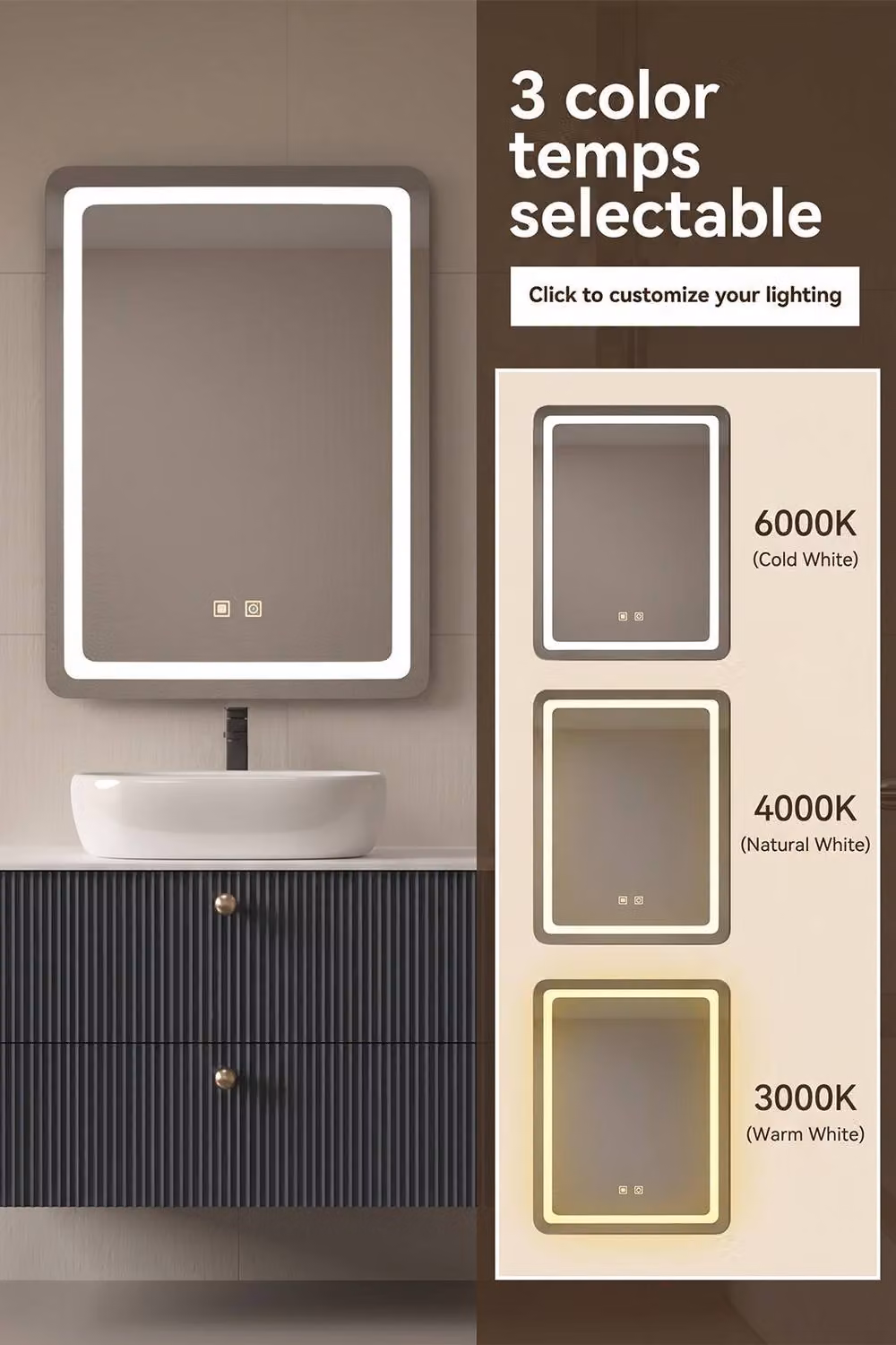 Living and Home Rectangular Silver Bathroom Mirror with Dimmable LED Light and Anti-fog Function, W/D/H: 70 x 50 x 4 cm – 6