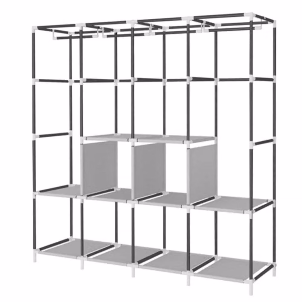 FORGEVIO Large Fabric Canvas Wardrobe in Black with Hanging Rod and Open Shelves – 2