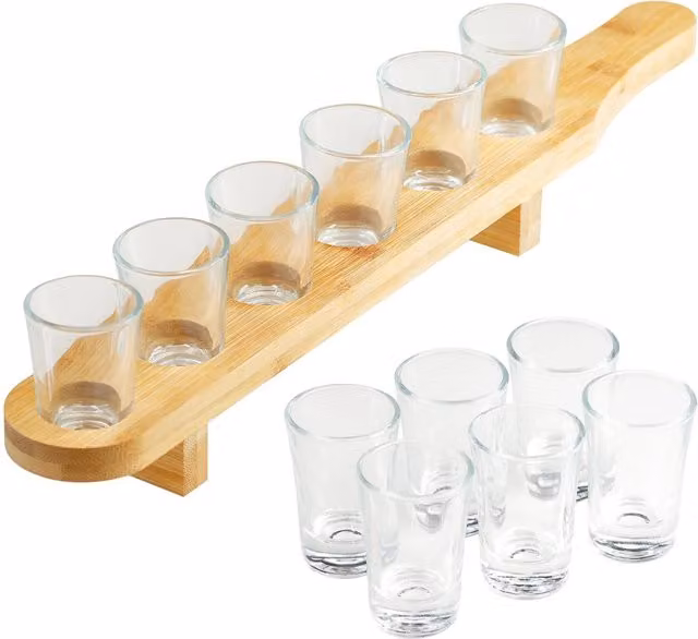 Geezy Set of 6 Transparent Glass Shot Glasses with Brown Bamboo Holder, 40ml per glass