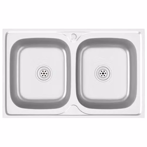 vidaXL Stainless Steel Kitchen Sink with Double Basins, Silver, W: 80 cm, D: 50 cm, H: 15.5 cm – 1