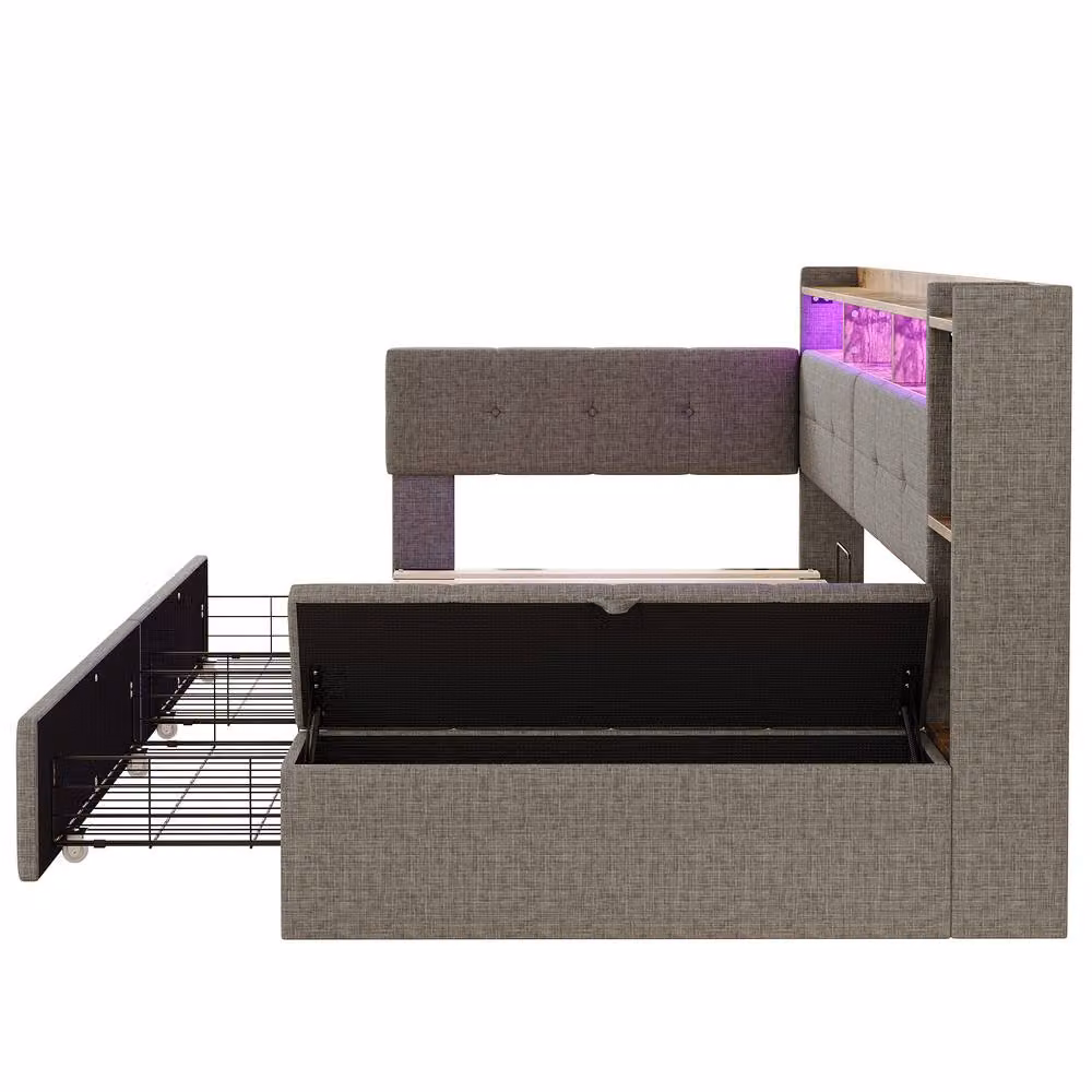 STILVORA Grey Fabric Single Daybed with Storage, LED Lighting, USB Charging Port and Bedside Shelf, W/D/H: 90 x 190 cm – 5