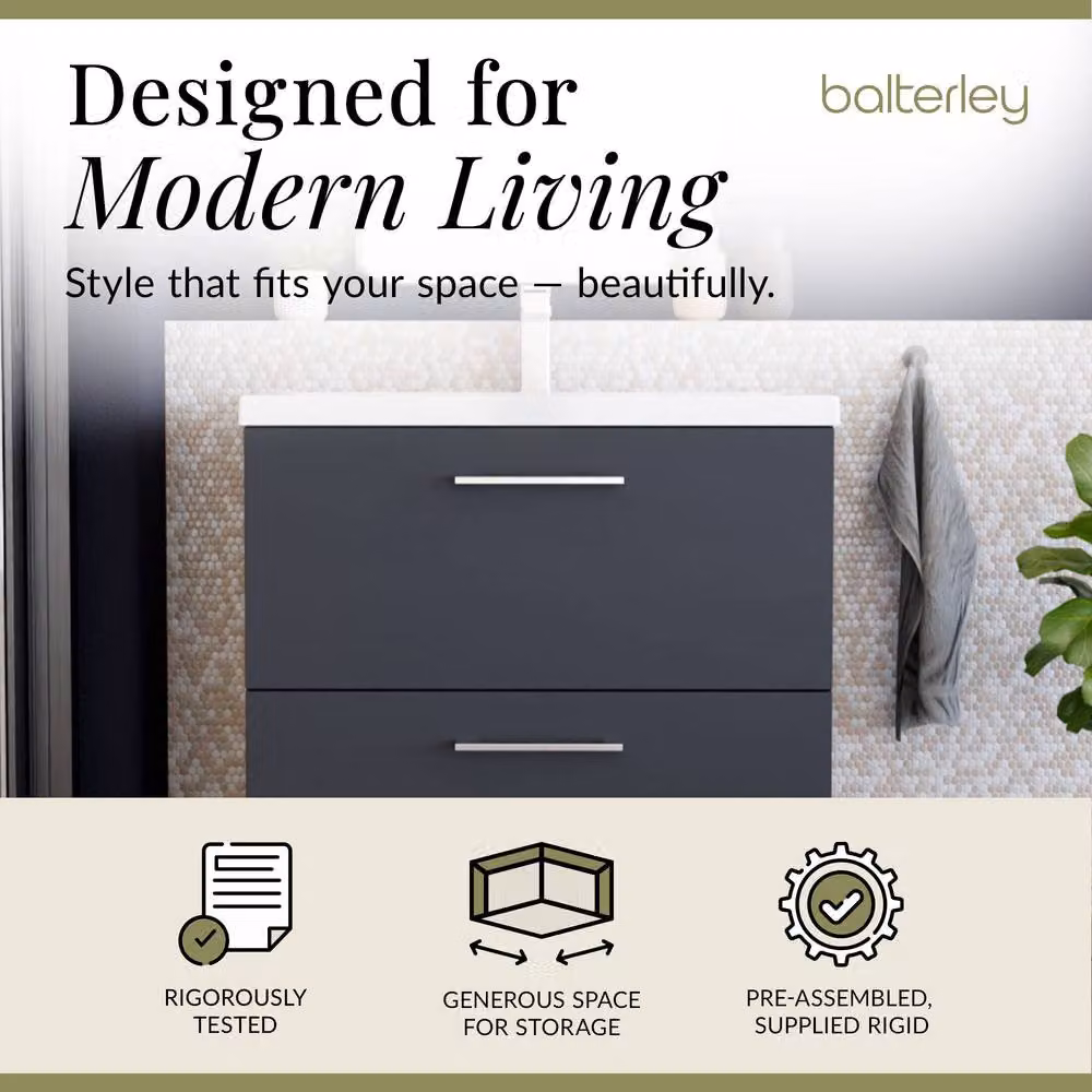 Balterley Modern 2 Drawer Floor Standing Bathroom Vanity Unit and Rectangular Mid-Edge Basin, Dark Grey, W: 80 cm, D: 39 cm, H: 85 cm – 2