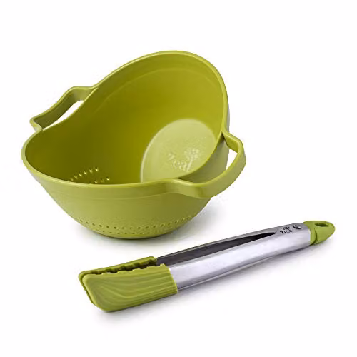 Zeal Drain and Serve Colander with Kitchen Tongs Set in Green