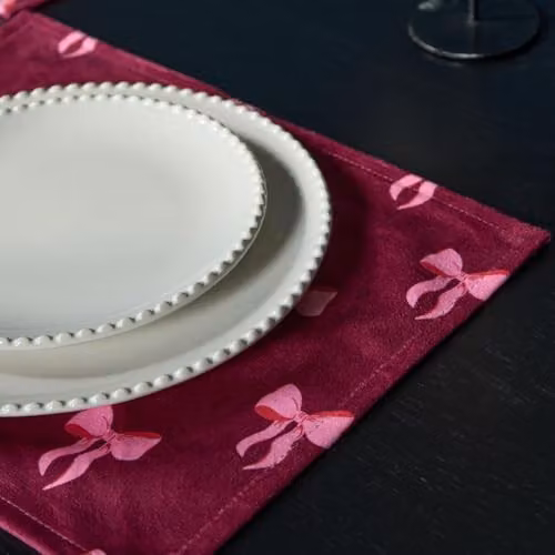 OHS Set of 4 Bow Print Matte Velvet Placemats, Burgundy, W: 40 cm, D: 30 cm – 3