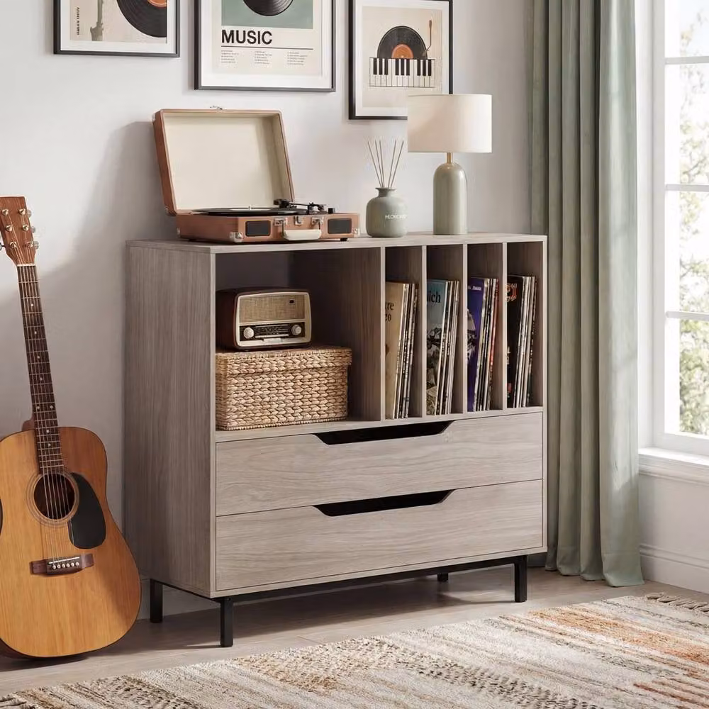 VOGREX Retro Mid-Century Vinyl Record Storage Cabinet in Grey with Solid Metal Legs – 3