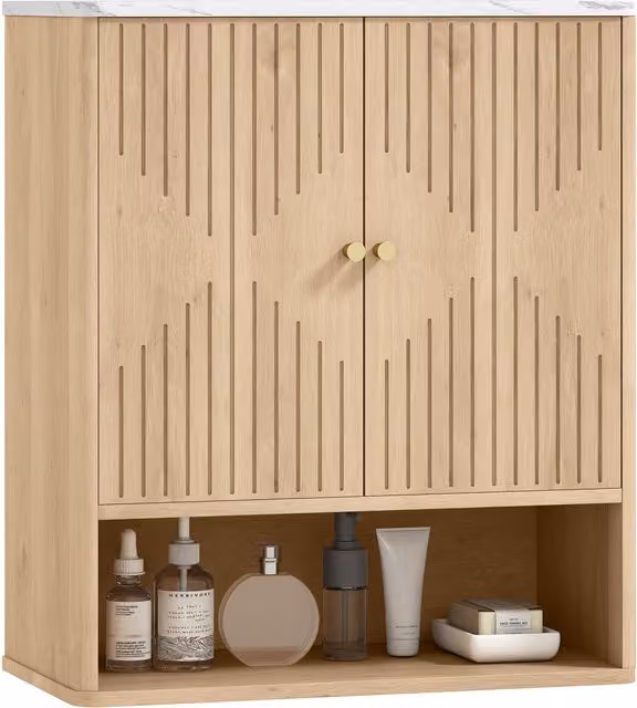 HOMCOM Wall-Mounted Bathroom Cabinet with Adjustable Internal Shelf and Open Shelf in Light Oak