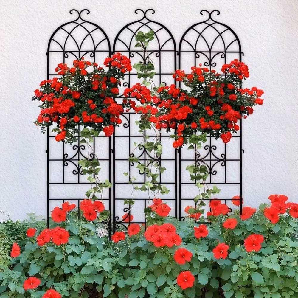 FLAVORA Heavy Duty Metal Garden Trellis Set of 3 Black Arch Top Panels for Climbers and Ornamental Support, H: 220 cm, W: 100 cm, D: 15 cm – 2